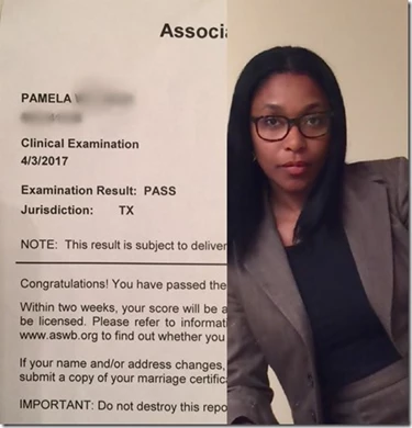 Pamela passed the clinical social work exam